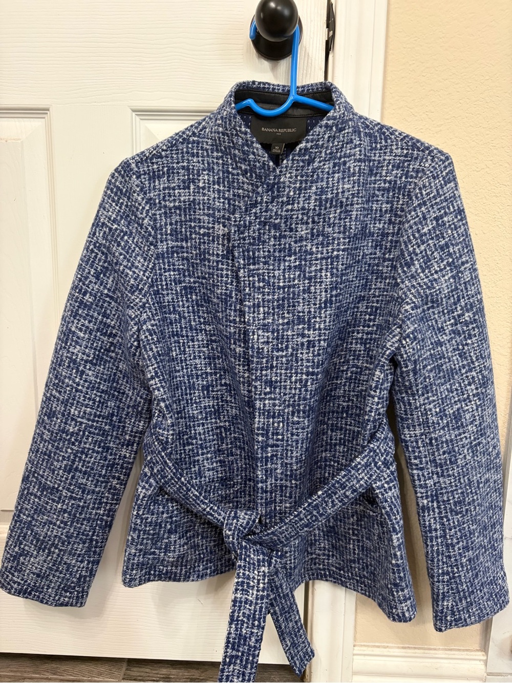 Banana Republic Blue Tweed Wool Blend Tie Belt Wrap Jacket Blazer Women’s 10